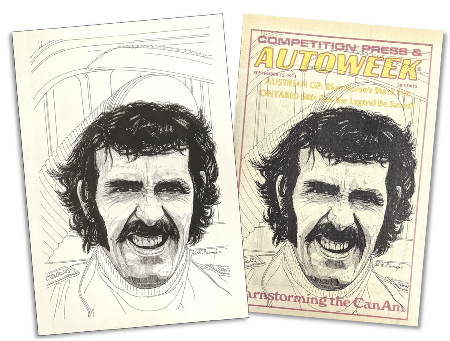 1973 David Hobbs Portrait - Original Pen & Ink Drawing by John W. Barnes, Jr.