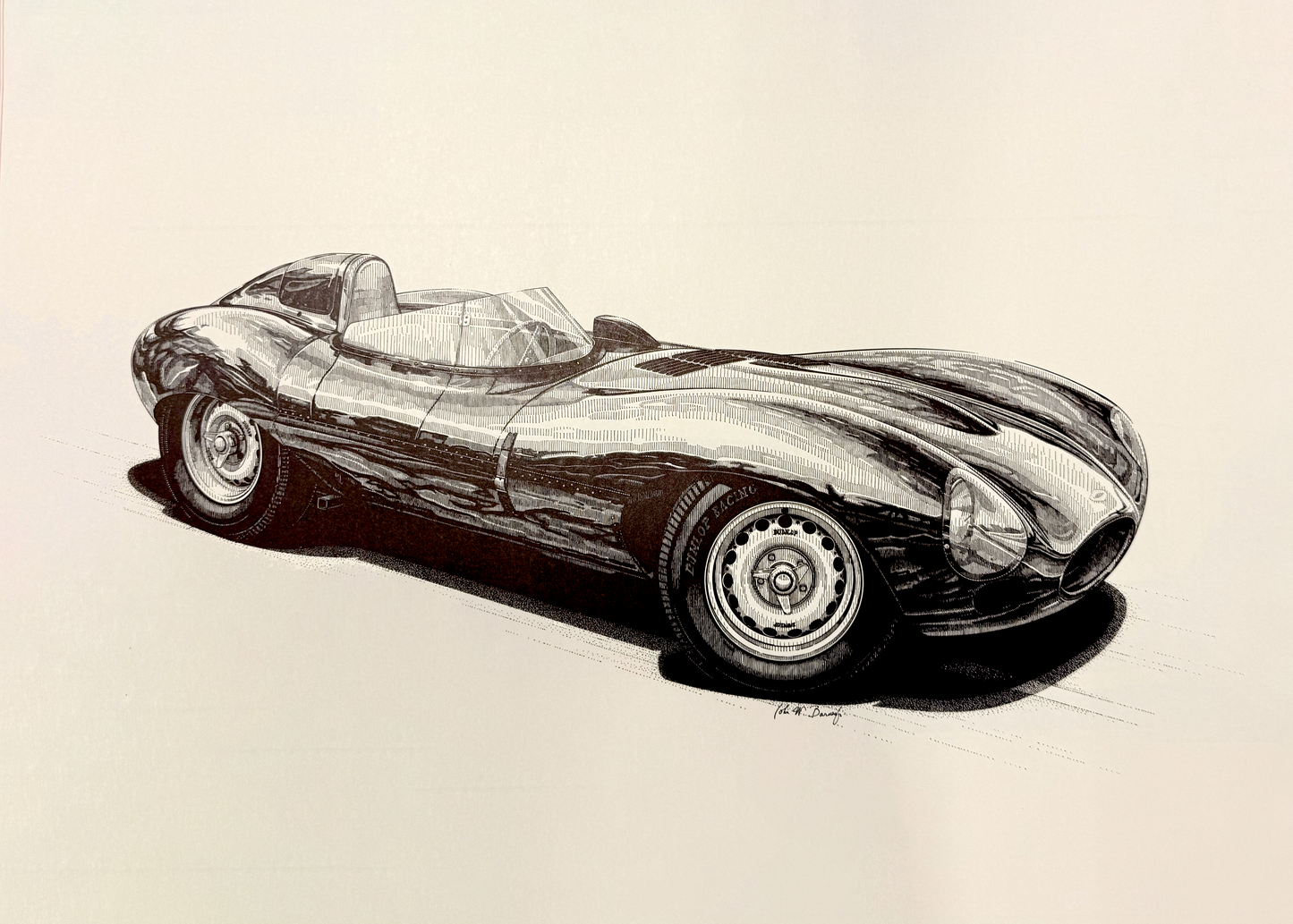1970 Jaguar D-Type - Original Pen & Ink Drawing by John W. Barnes, Jr.